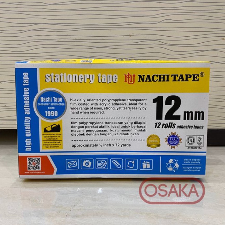 

Isolasi / Tape Nachi Dus Stationery Bening 12mm / 1/2 inch dan 24mm / 1 inch x 72 yard