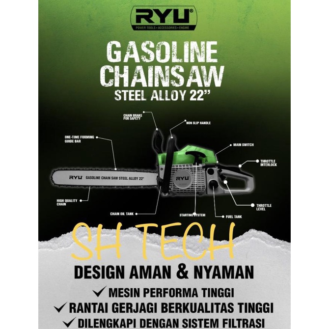 CHAINSAW RYU RGS 22 RGS22 CHAIN SAW 22 INCH SENSO 55 CM GERGAJI KAYU Termurah