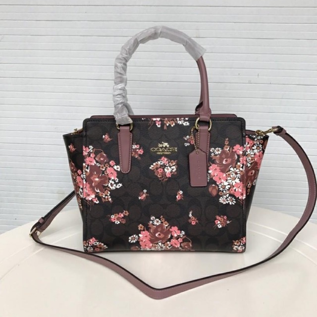 Coach LEAH SATCHEL IN SIGNATURE CANVAS WITH MEDLEY BOUQUET PRINT / F31358 BROWN-MULTI light-gold