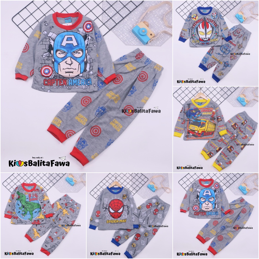 Setelan Marvell uk 3-8 Tahun / Atasan Cowok Baju Tidur Piyama Kaos Set Kaos Anak Celana Panjang Baju Laki