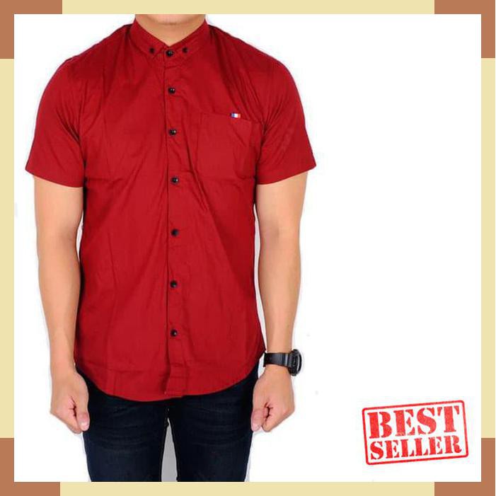 Laris kemeja lengan panjang polos / baju cowok / kemeja pendek casual slim - Merah- M