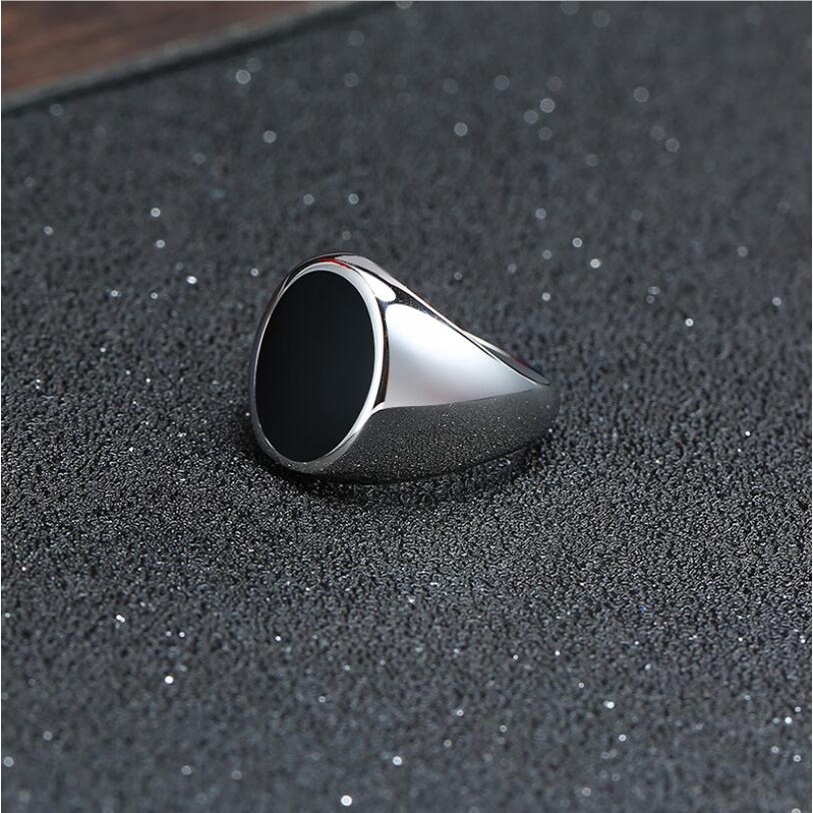 Cincin Batu Akik Hitam Bahan Baja Titanium Gaya Punk Untuk Pria