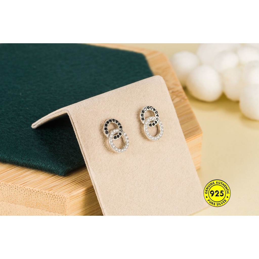 Anting Tusuk Sterling Silver 925 Desain Lingkaran Kecil Hias Zircon Hitam Putih Untuk Wanita