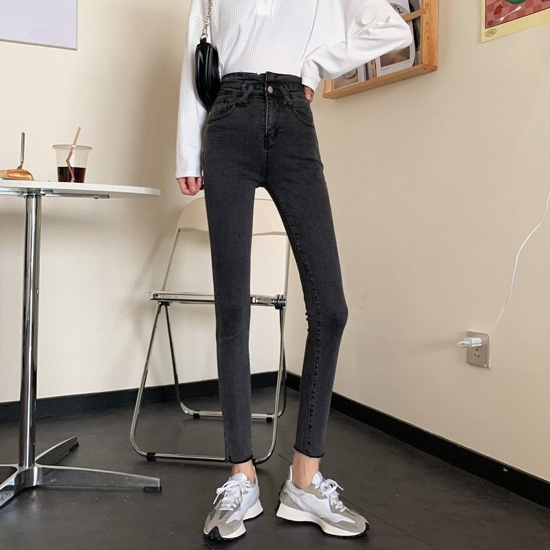 Suhao Retro Tinggi Pinggang Ketat Lurus Celana Jeans Wanita Musim Gugur Celana Kurus Slim Fit Burr C