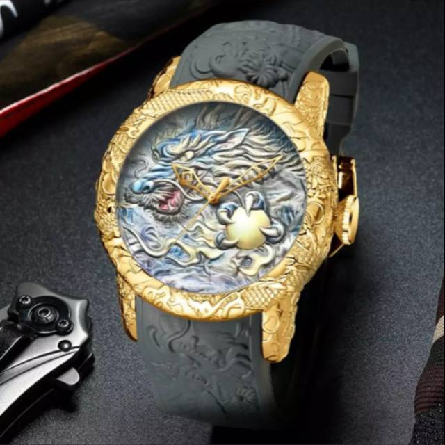 BIDEN 0129 - JAM TANGAN PRIA ORIENT ANALOG MOTIF NAGA STRAP SILIKON