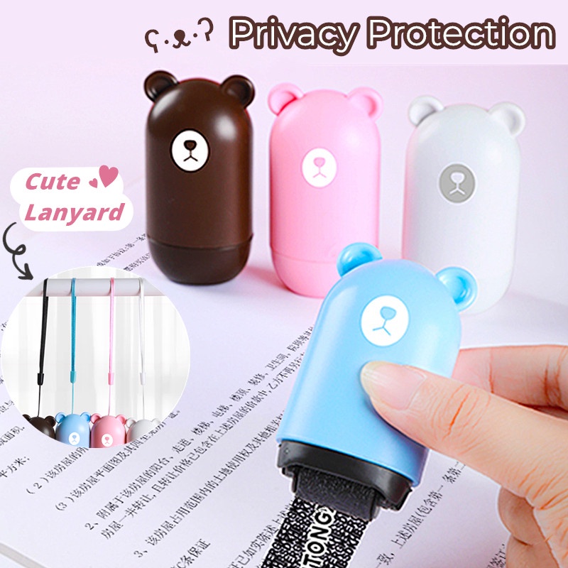 Lanyard Stamp Roller Privacy Cover Eliminator Seal Cute Bear Portable Self-Inking Identity Theft Protection