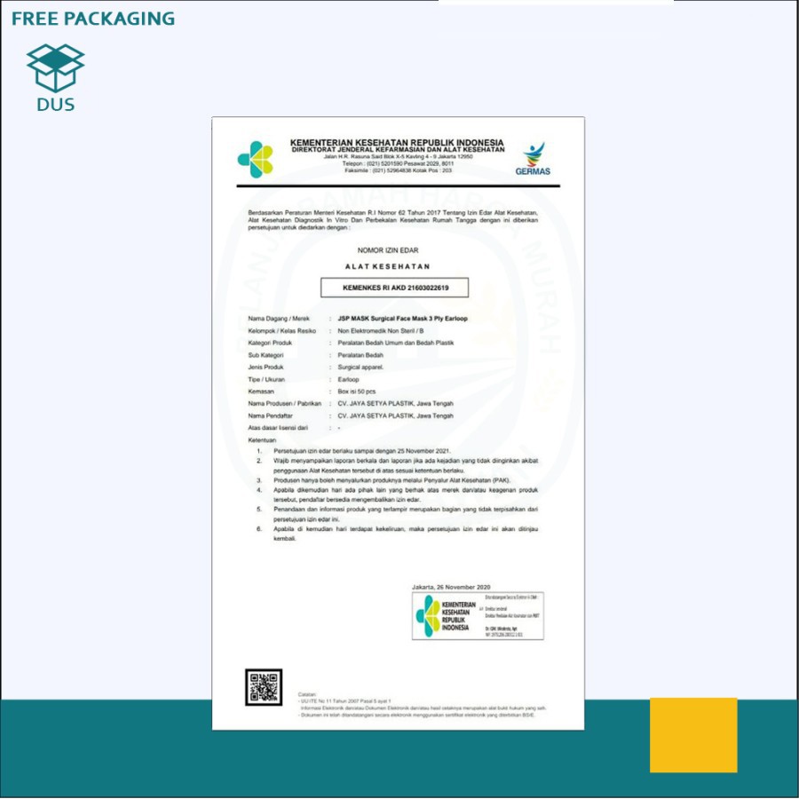 Masker JSP KF94 KN95 3 Ply isi 25 PCS Masker Medis isi 50 Free Konektor untuk Headloop Surgical Mask