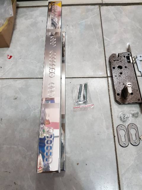 Handle pintu minimalis stainless baut tembus 45cm 1set+kunci