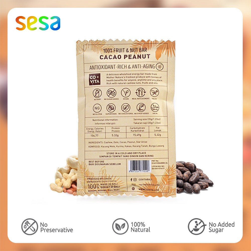 

RB COVITA Energy Bar Cacao Peanut 35gr - Snack Sehat Plant-Based Gluten Dairy Free