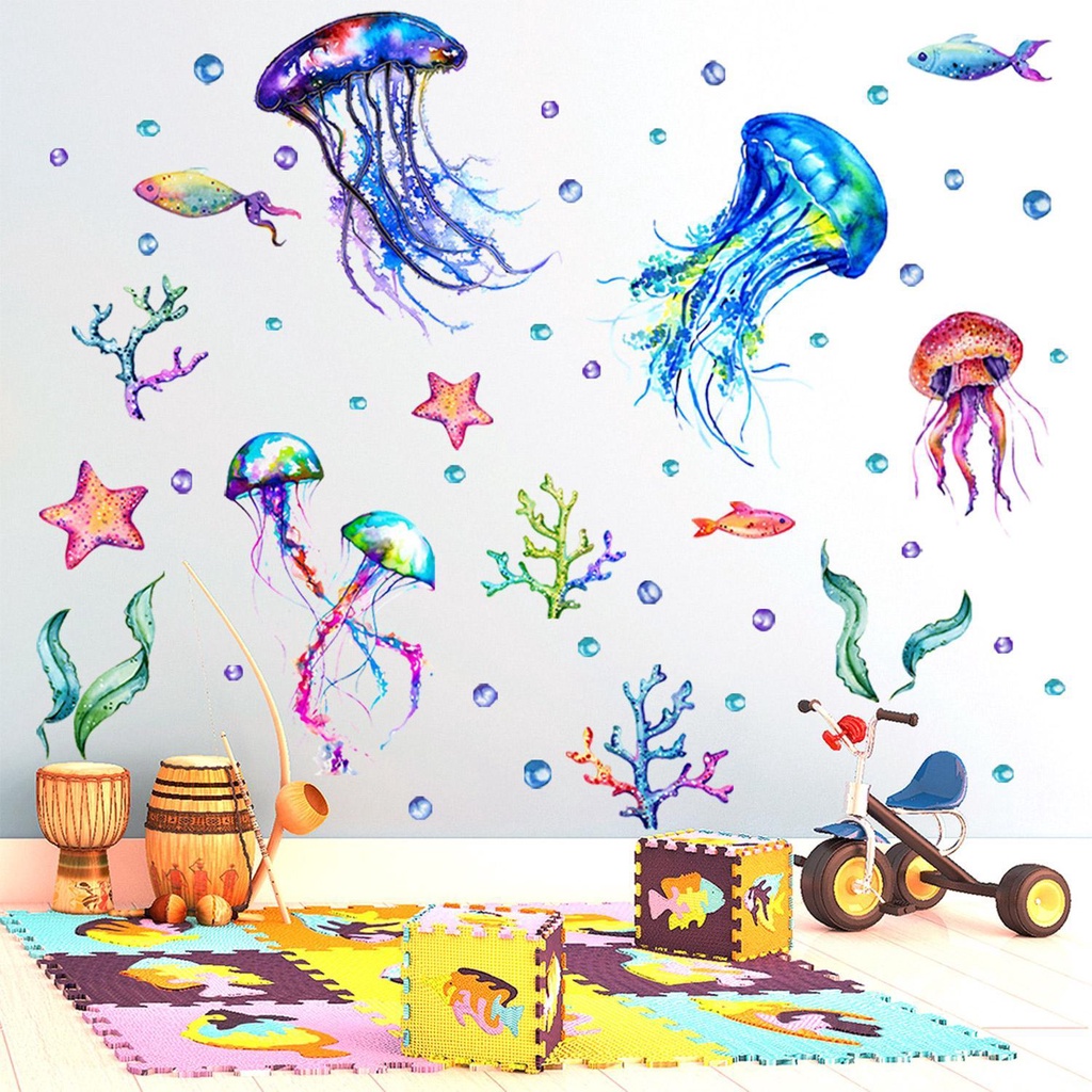 R-flower Ocean Jellyfish Wall Stiker Kamar Tidur Anak Rumput Laut/Bintang Laut/Gelembung Vinyl Bawah Laut Dekorasi Rumah