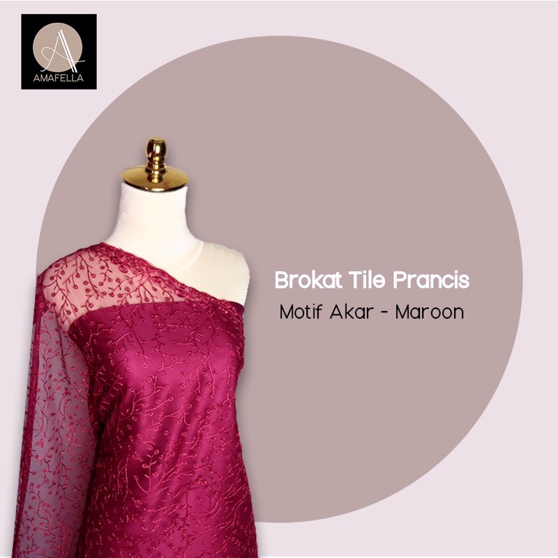 1/2 meter Kain Brokat Tile Prancis Bahan Kebaya Motif Akar Maroon