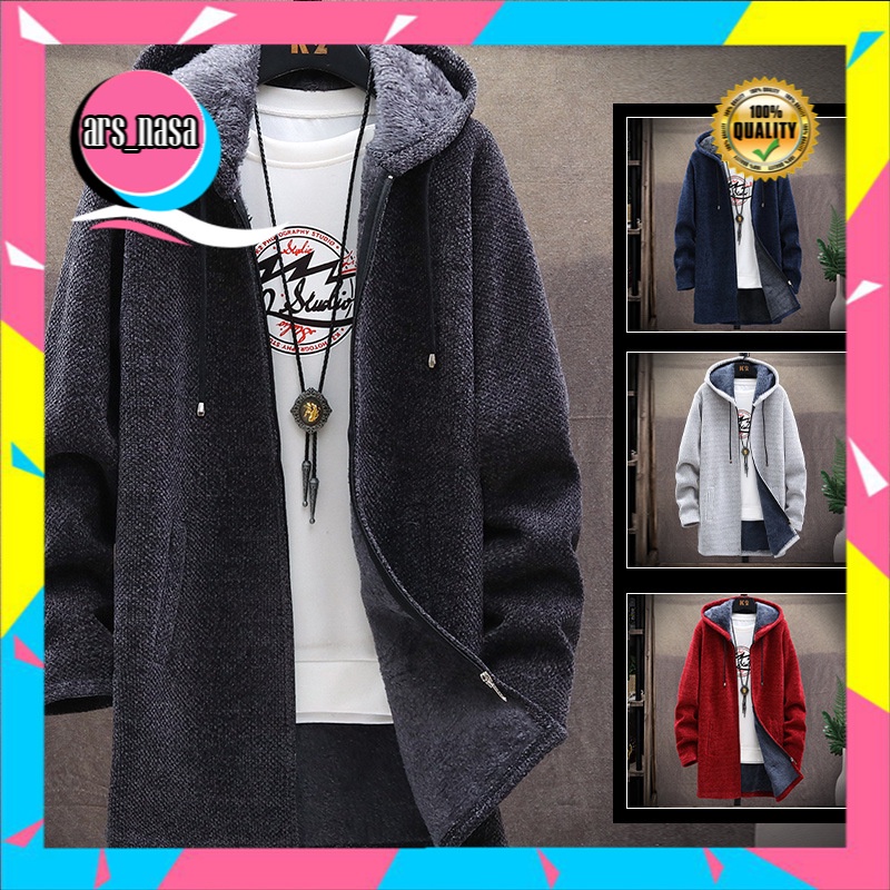 Sweater Pria Import      Bulu Berlapis Tebal Pakaian Jersi Chenille Fashion Panjang berkerudung Mant