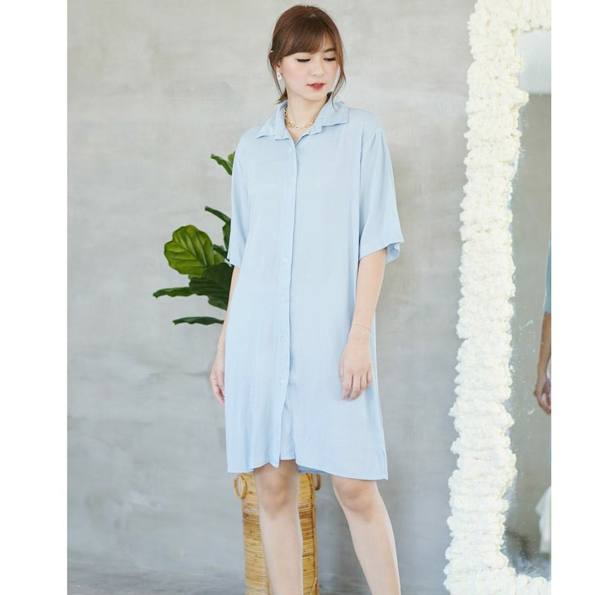 Boxy Crinkle Shrit Dress Casual Dres Wanita