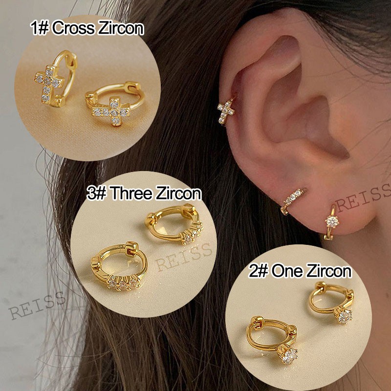 Anting Bulat Mini Lapis Emas 14k Hias Cubic Zirconia Untuk Wanita