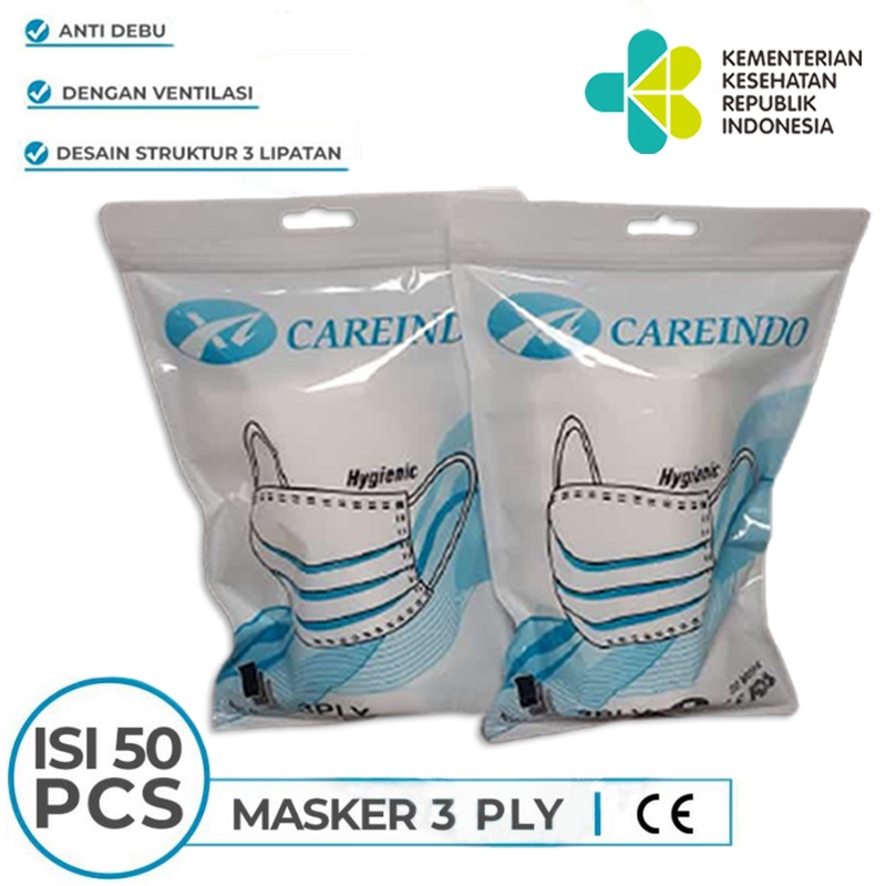 masker earloop careindo 50pcs 3ply/masker dewasa/earloop disposable maks daily/masker 50pcs/masker polos putih