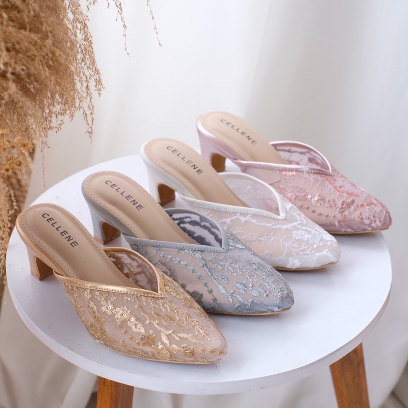 CELLENE Clover Nania Lace 4 warna / heels selop brukat wedding shoes pengantin