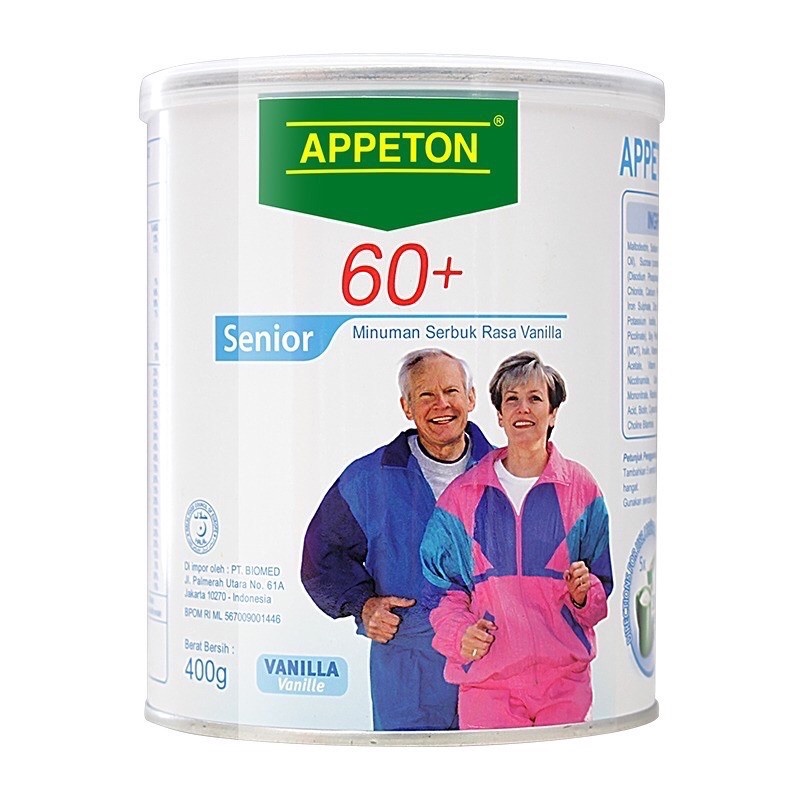 APPETON 60+ / Susu Lansia (Vanilla) 400 Gram  EXPIRY DATE: MARET 2024  *****STOK READY DAN SELALU DIUPDATE TIAP MINGGU*****  Manfaat : - Mengkonsumsi 2 atau 3 kali sehari Appeton 60+ akan membantu lansia (orang tua) memenuhi kebutuhan tenaga mereka &amp; menj