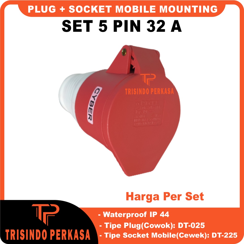 Plug Steker Socket industri/Industry Mobile Mounting 5 Pin 5P 32A (025 + 225) IP44 5 Kaki 5Kaki 32 Ampere