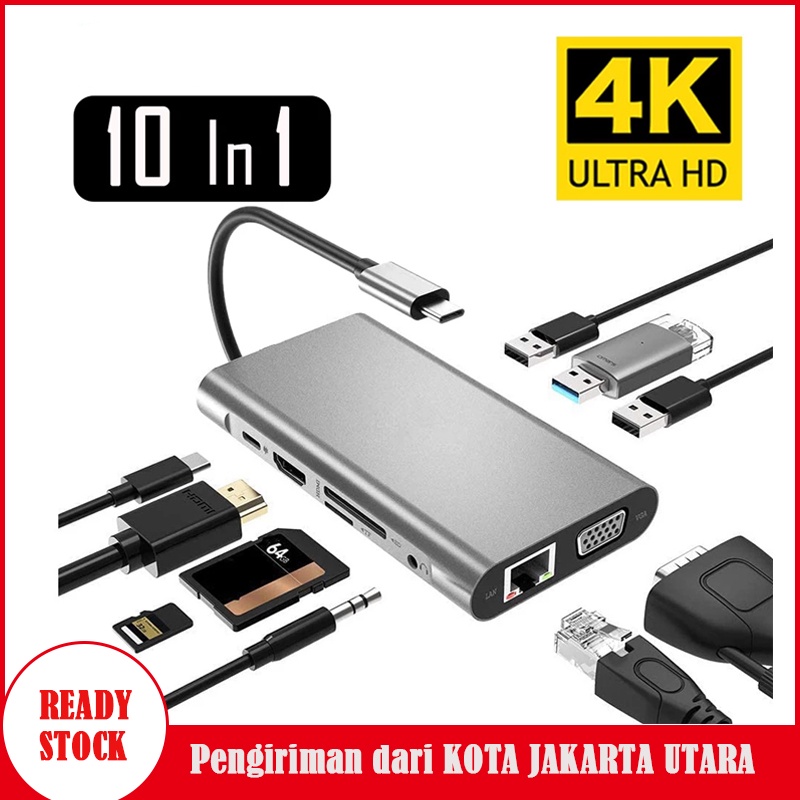 [Ready stock] 10 in 1 Adapter Usb Hub Tipe-C Ke Hdmi 4k Vga Rj45 Lan Ethernet Sd Tf Jack Audio Video Untuk Pro Otg