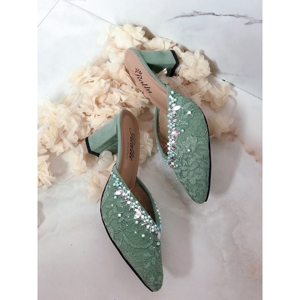 Termurah!!! Heels 7cm Brukat payet hijau sage Farsya series / sepatu pengantin / sepatu wanita /wedding shoes / sepatu wisuda / sepatu kondangan