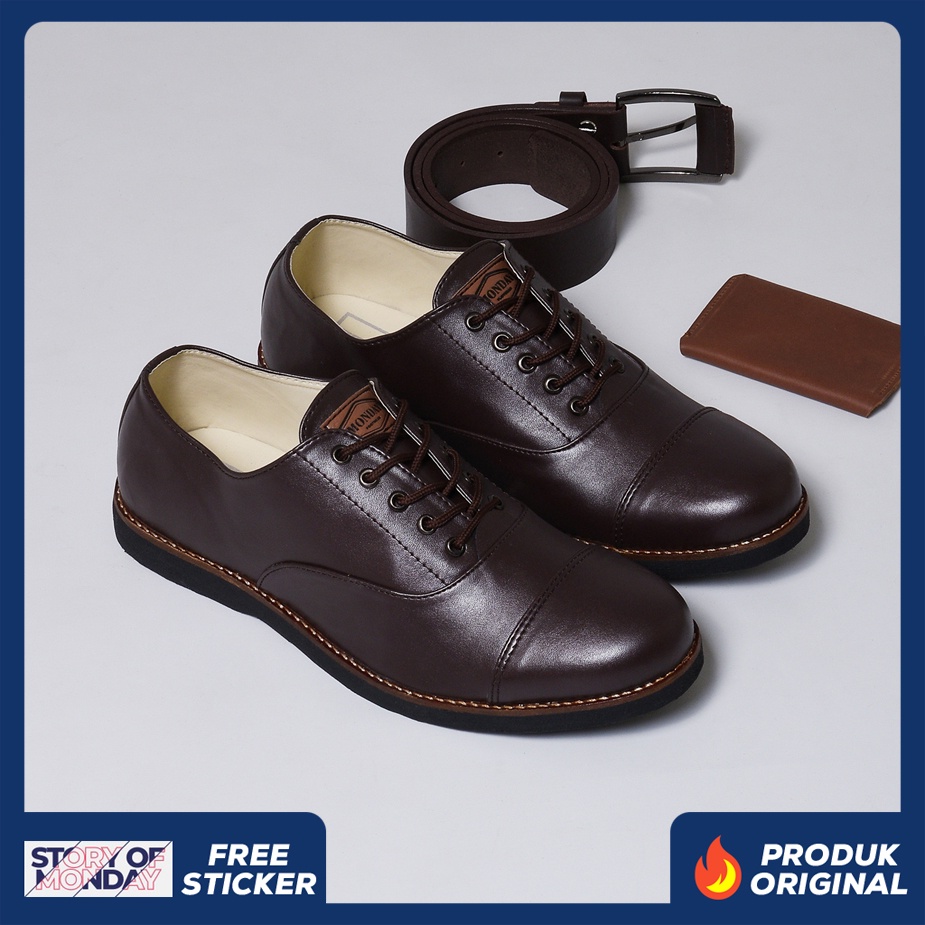 OXFORD BROWN ORIGINAL x MONDAY Sepatu Formal Coklat Tali Pria Pantofel Kerja Kantor Dinas Resmi Kantoran Pesta Undangan Wedding Kondangan Nikah Kuliah Modern Casual Derby Semi Kulit Premium Men Footwear Big Size Jumbo Ukuran Besar 44 Keren Terbaru Branded