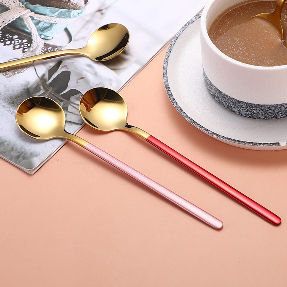 【COD Tangding】Round Head Spoon Cute Long Handle Spoon Stainless Steel Soup Spoon Dinner Spoon Western Food Spoon Adult Large Spoon