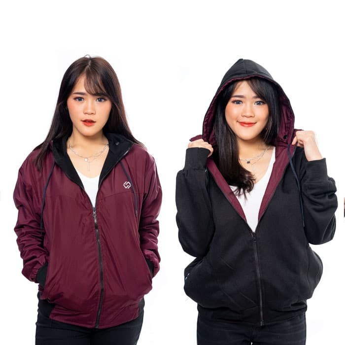 Jaket Wanita JAKET PARASUT BOMBER HOODIE BOLAK BALIK PREMIUM JUMBO POLOS WANITA 2 - ToscaBlack, L(N0