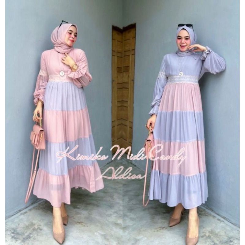 DRESS MUSLIM, baju wanita, baju gamis, dress, gamis, Baju gamis, fashion wanita,Kimiko midi Dress 2 tone candy