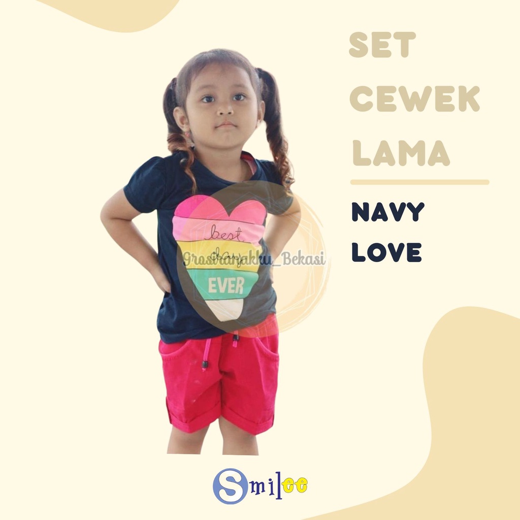 Setelan Anak Cewe Navy Love Size 1,2,3thn Murah