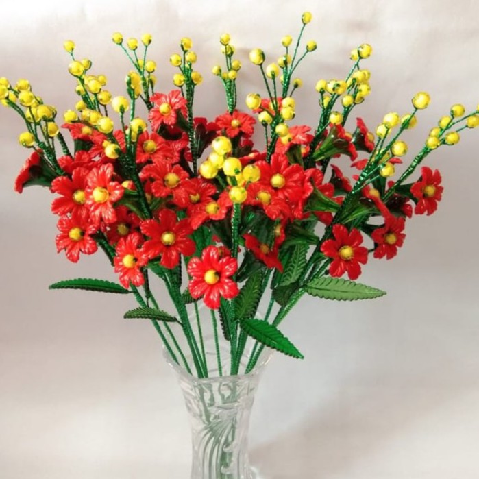 Bunga Akrilik sakura merah putik Kuning mote manik manik