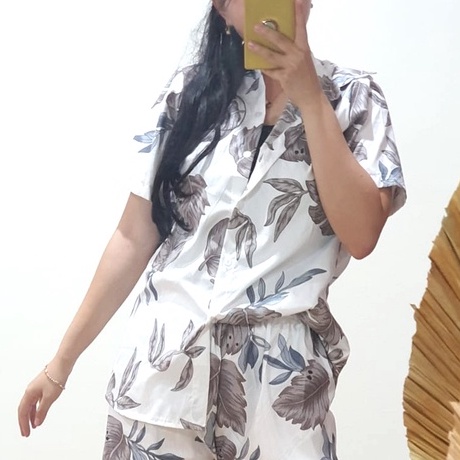 Morymony daily set homewar / setelan celana pendek / stelan baju wanita marble pastel-monstera putih