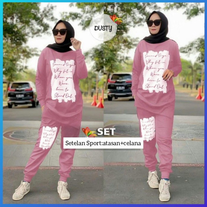 baju olahraga hijab setelan senam wanita stand lari sepeda dusty