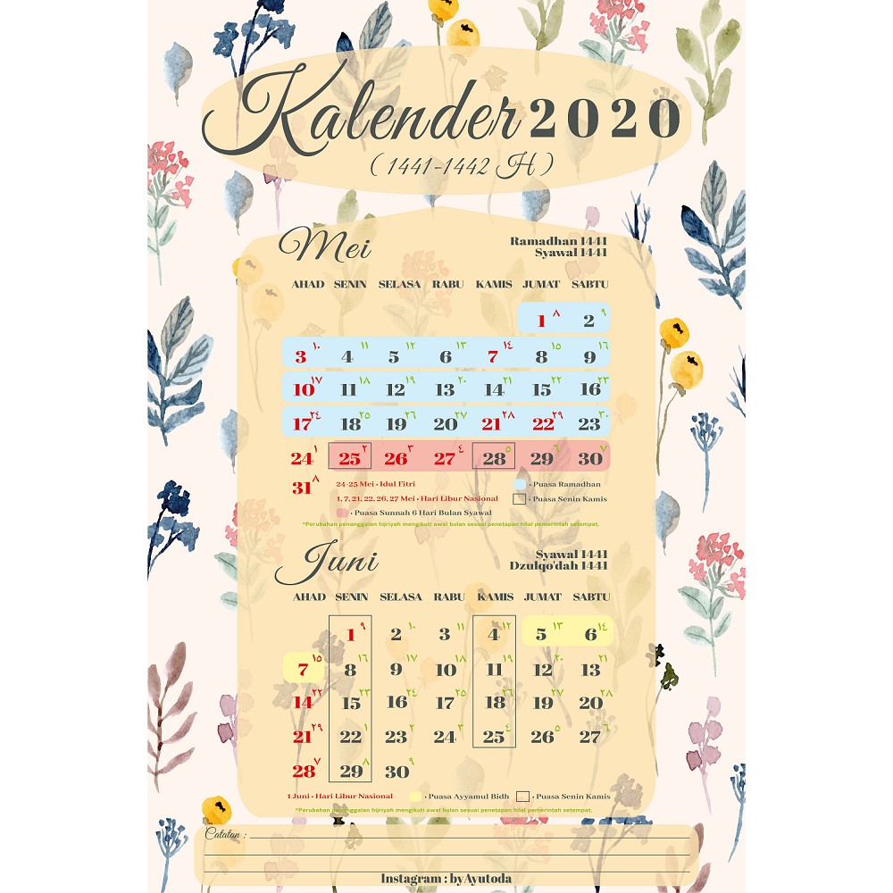 Kalender Dinding Spiral Atau Klem Seng 2020 Masehi Hijriyah