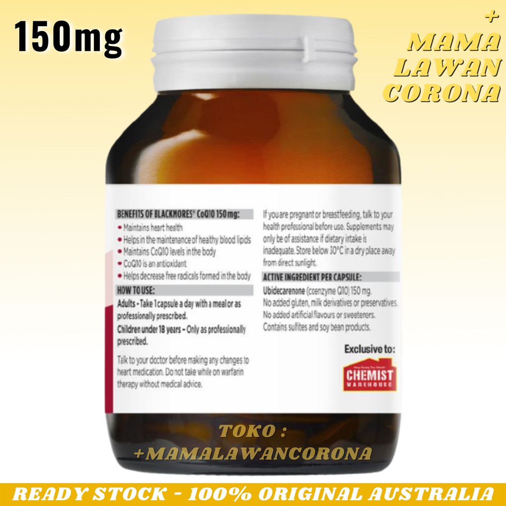 HEALTHY CARE Coenzyme Q10 100 150mg Capsules AUSTRALIA Swisse Co Enzyme Co Q 10 150 mg CoQ 180 Caps / Resveratrol 180 / BLACKMORES High Potency CoQ10 isi 125 30 Kapsul