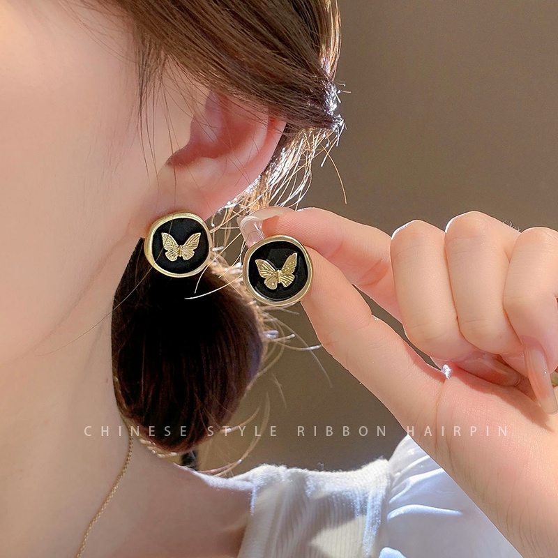 Anting Stud Hias Mutiara Hitam Gaya Vintage Korea Untuk Wanita