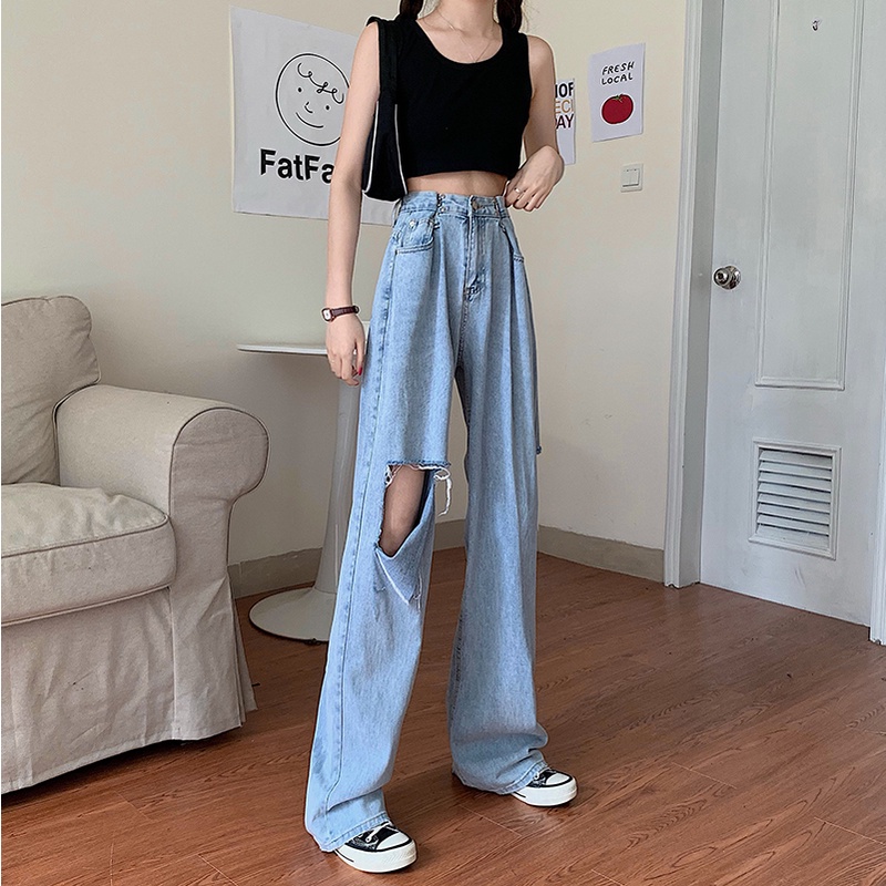 Ripped celana jeans high waist wanita kulot Korea style loose kasual celana lebar pants