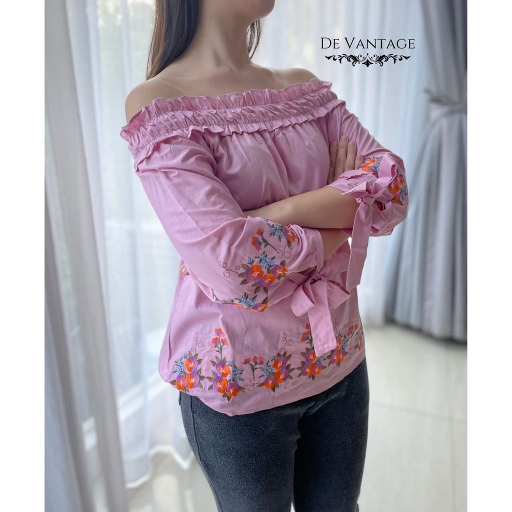 Blouse Katun Sabrina / Blouse Bunga Lengan Pita / Off Shoulder Floral Blouse