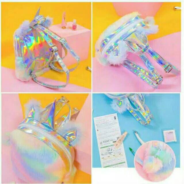 READY STOCK NEW Tas Ransel Wanita UNICORN HOLOGRAM Bulu Lembut Halus Soft Fluffy Imut Lucu Gemoy Omo Omo Kiyowo / Backpack Stylish Bentuk Hewan Kuda Pegasus Korean Style K-POP