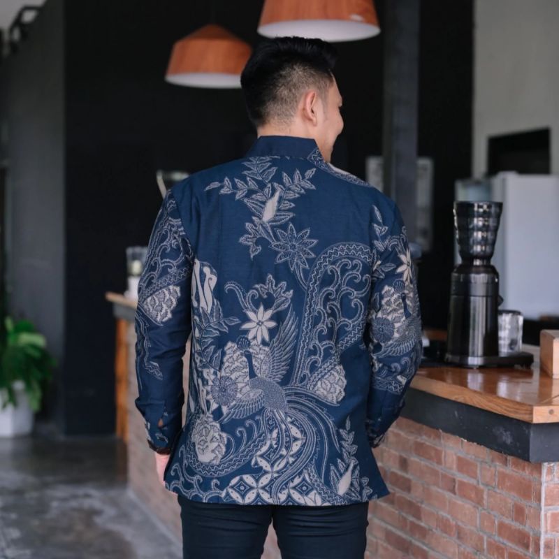 SELING NAVY Kemeja Batik Pria Modern Lengan Panjang Full Furing Katun Halus Solo - Baju Batik Pria Biru Navy Seragam Kerja Kantor