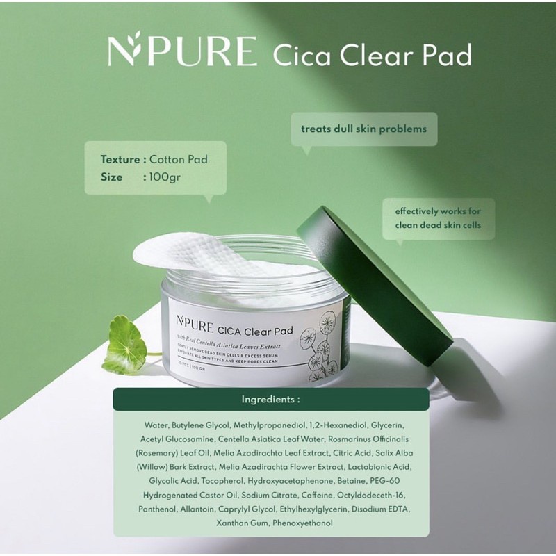 NPURE Centella Asiatica Clear Pad CICA - 30 Pads (100gr) Kapas Wajah Pengangkat Sel Kulit Mati