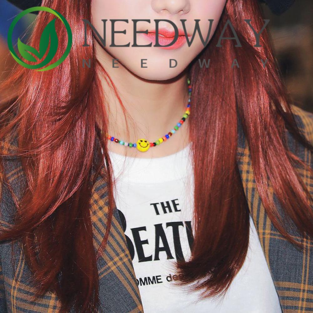 Needway  Korean Smile Face Necklace Fashion Smile Face Beads Colorful Beads Choker Cute Rainbow Color Creative Summer Gifts Irregular Rice Beads Necklace Jewelry