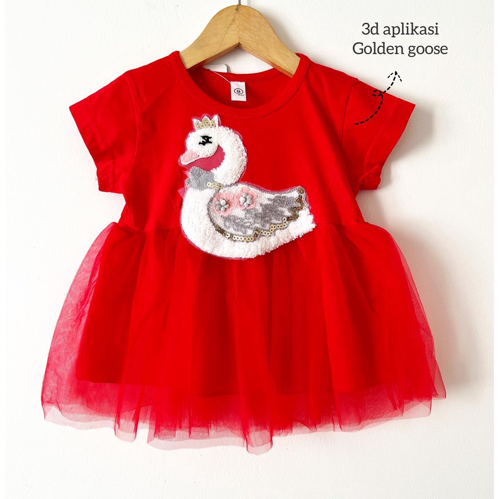 IMPORT DRESS STRAWBERRY / GOLDEN GOOSE / SLEEPING BEAUTY Pakaian Baju Pergi Lucu Fashion Anak Bayi Perempuan Cewek Terlaris Impor-Golden Goose Red