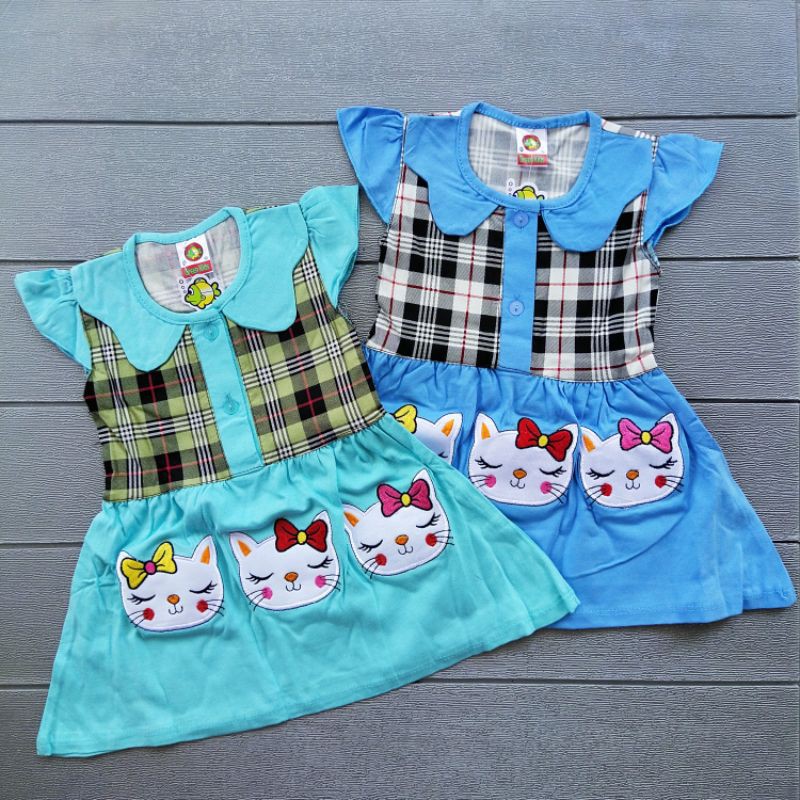 COD Dress Green kids Cat usia 3-12 bulan baju anak perempuan / girl / cewek / kado murah lucu