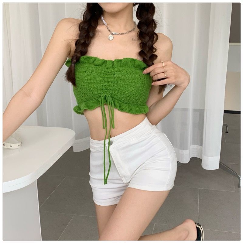 Pakaian luar kamisol tali pusar pendek musim panas perasaan serut off-shoulder tube top top wanita h