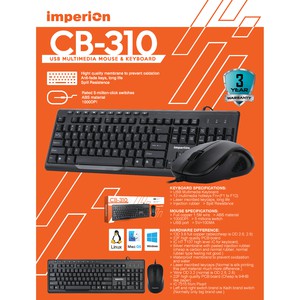 Keyboard mouse imperion wired usb 2.0 bundle combo multimedia fullsize membrane optical 1000dpi cb-310 cb310