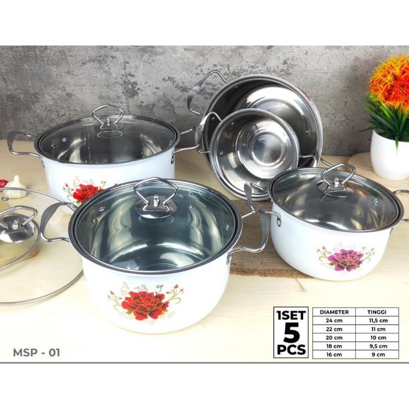 panci Soup Pot Motif Bunga 1 set 5 Pcs Stainless Steel