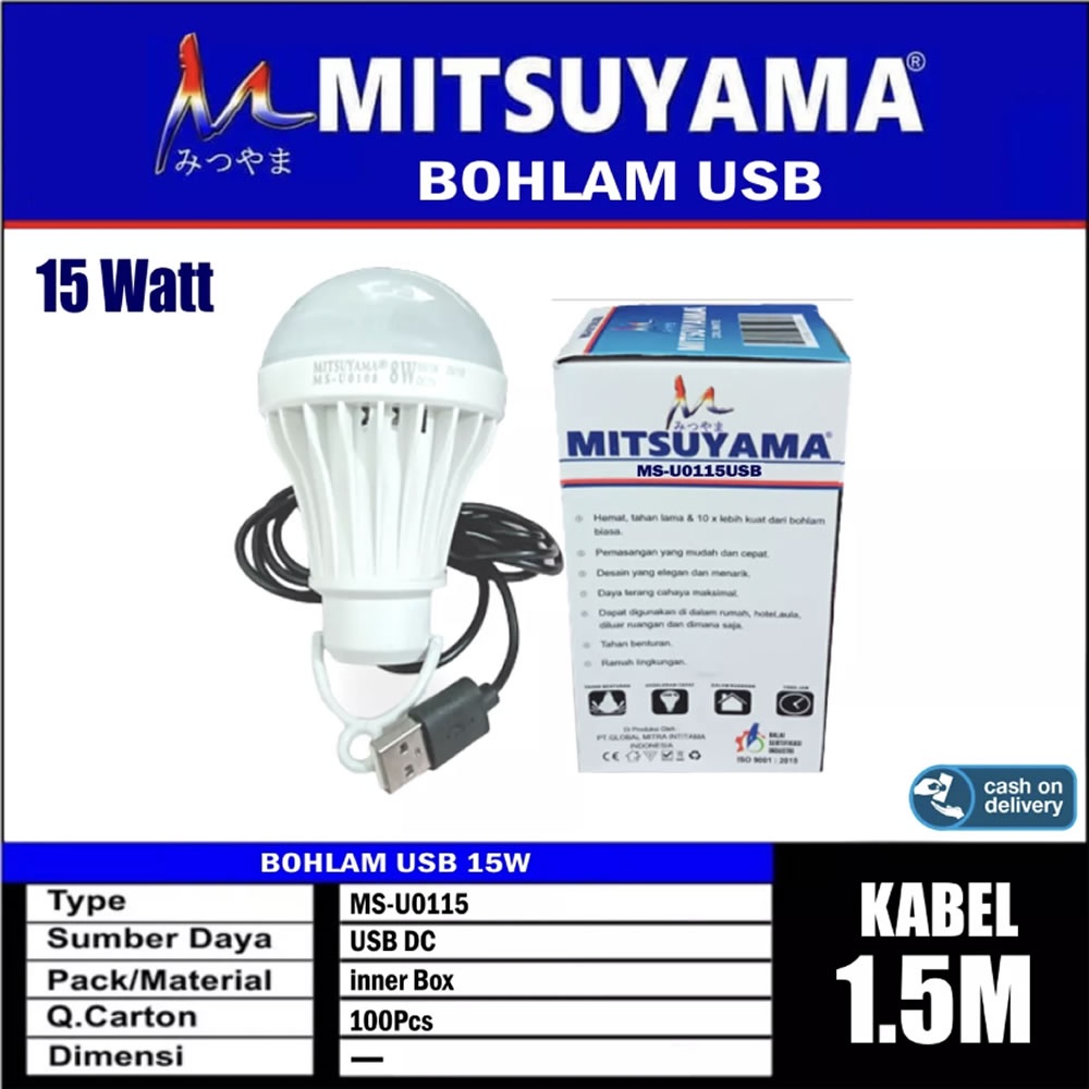 Bohlam USB 15 Watt Lampu LED Mitsuyama MS-U0115USB Kabel 1,5 Meter