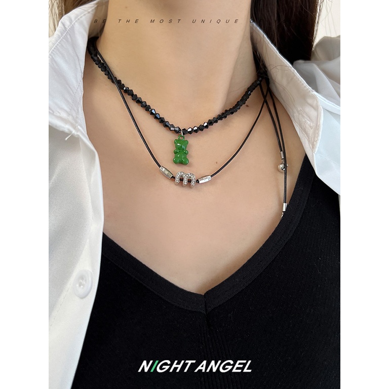 Kalung Rantai Klavikula Manik-Manik double layer Desain Beruang Huruf M