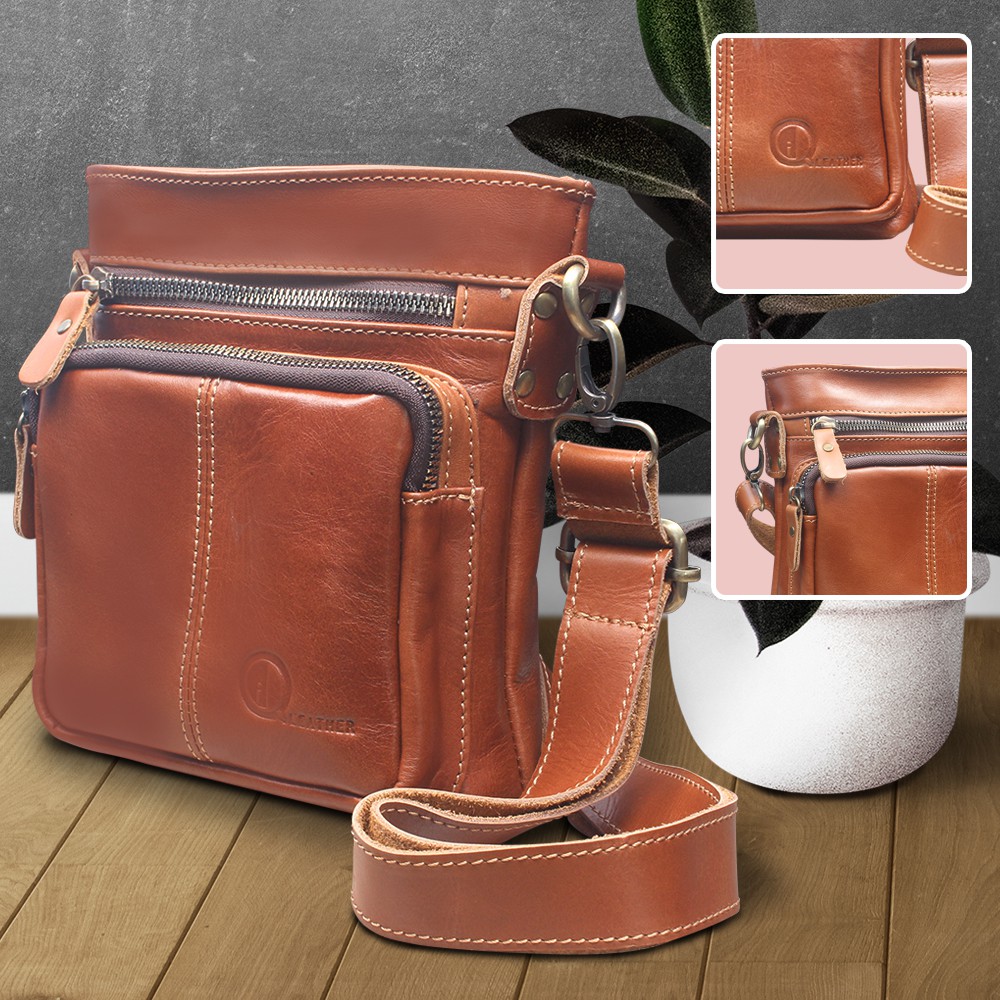 Tas selempang pria kulit sapi asli 100% PREMIUM sling bag cowok kulit Asli original QI Leather TC01Q