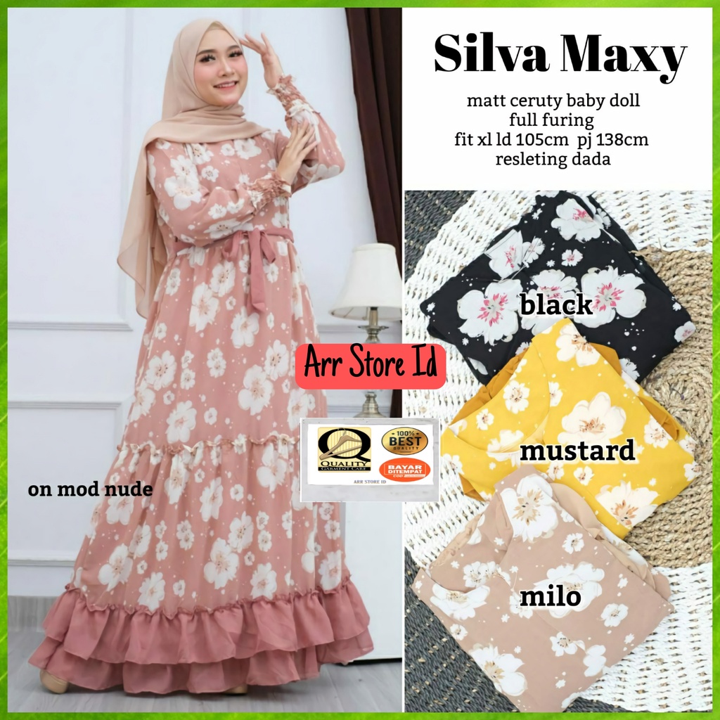 Baju Gamis Ceruty Babydoll Wanita Terbaru 2021 Motif Bunga Cantik 105 P 135 Silva Maxy Allsize